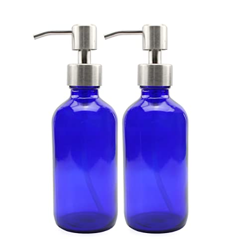 Cornucopia 8oz Cobalt Blue Glass Bottles w/Stainless Steel Pumps (2 Pack), Boston Round Bottles for Essential Oils, Lotions and Liquid Soap