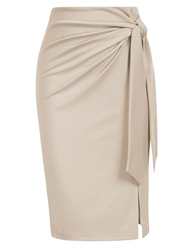 Kate Kasin Women's Elegant Skirt High Waist Bow Tie Knee Length Stretch Bodycon Pencil Skirts with Slit Apricot Medium