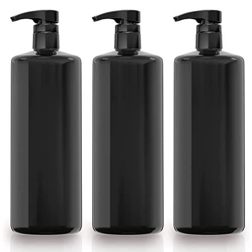 Bar5F 1-Liter Black Pump Bottles for Shampoo Conditioner Body Wash 33.8-Ounce UV Protection Gloss Finish PETE1 Plastic Heavy-Duty Large 3-Pack