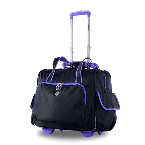 Olympia U.S.A. Deluxe Fashion Lightweight Rolling Overnighter,Weekender, Carry-On, Hobby Bag, Skate Bag, Dance Bag, Teacher's Bag, Sturdy and Adjustable Push-Down Handle, Black + Purple