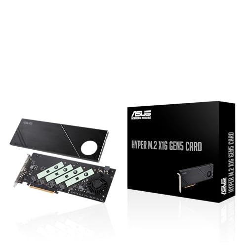 ASUS Hyper M.2 x16 Gen5 Card (PCIe 5.0/4.0) Supports Four NVMe M.2 (2242/2260/2280/22110) Devices up to 512 Gbps for AMD and Intel Platform RAID Functions.