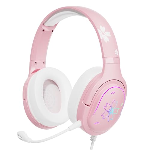 Mytrix Sakura Pink Cherry Blossoms Gaming Headset, 360° Rotation Mic, Soft Earmuff Wired Gaming Headphones for PS4, PS5, Xbox, PC & MAC, Switch, RGB Gradient Light Effect