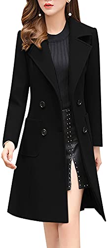 chouyatou Women Elegant Notched Collar Double Breasted Wool Blend Over Coat (Large, Black)