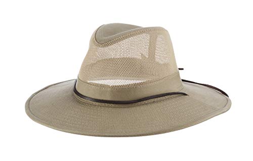 Dorfman Pacific Men's Twill Mesh Ventilation Sun Protection Safari Hat With Genuine Leather Trim, Khaki, XX-Large, 13' x 11' x 6'