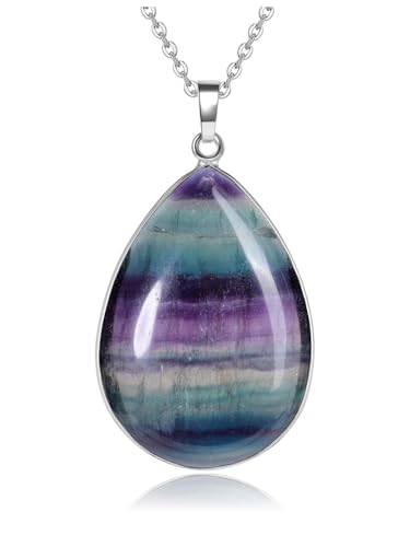 Jovivi Rainbow Fluorite Crystal Teardrop Pendant Necklace Natural Healing Stone Reiki Quartz Gemstone Necklace Jewelry for Women Men