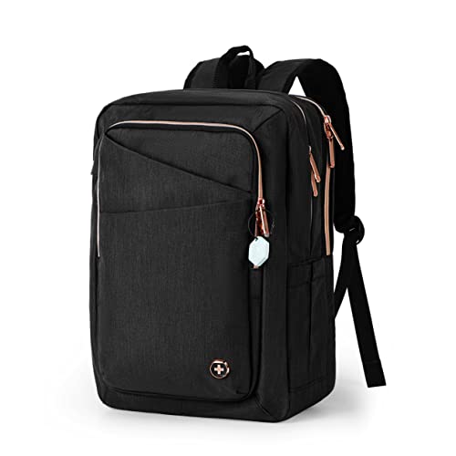 Swissdigital Design Katy Rose Backpack For Women Black with Rose Gold-Tone Zippers College Travel Laptop Backpack With Apple Find My network