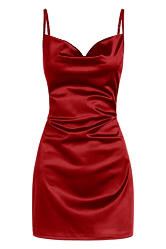 ZAFUL Women's Satin Sleeveless Spaghetti Strap Mini Dress Sexy Slip Cowl Neck Silky Cocktail Party Dresses(Red, L)