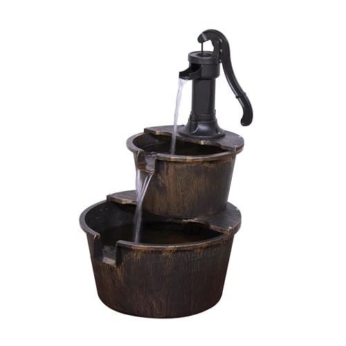 Alpine Corporation TIZ194BZ Outdoor Floor Rustic 2-Tiered Barrel and Pump Water Fountain, Old-Fashioned Fountain, 27', Bronze