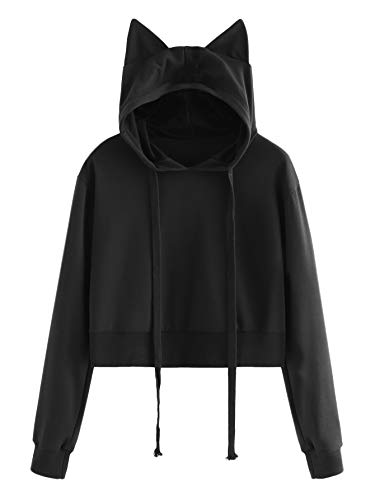 SweatyRocks Women's Long Sleeve Hoodie Crop Top Cat Print Pullover Sweatshirt Black#2 M