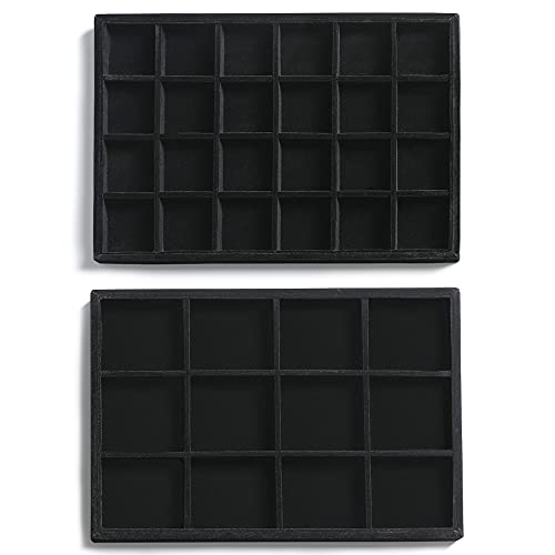 Frebeauty Stackable Velvet Jewelry Organizer Trays for Drawers Inserts Jewelry Storage Tray Display Case, Stud Earrings Bracelets Necklace Rings Accessories Trays for Women (Set of 2 Black)