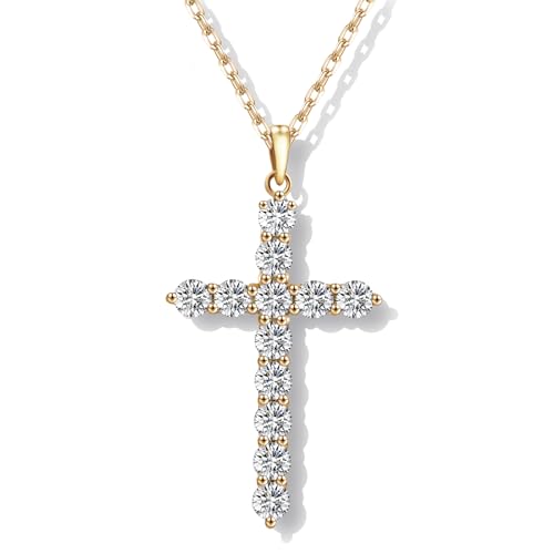 SugarTang Moissanite Cross Necklace for Women, Diamond Cross Necklaces for Men, Sterling Silver or Gold Cross Necklaces for Girls Cross Faith Pendant Necklace for Father's Day (Gold)