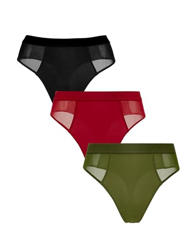 Parade Women's Re:Play Dream High Rise Thong, 3 Pack: Pesto, Eightball, Saavy Red