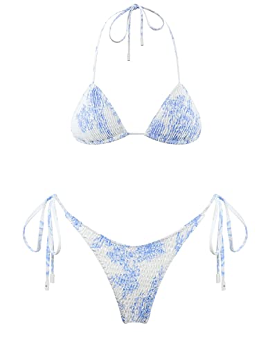 VOLAFA Women's Triangle Bikini String Swimsuit Print Tie Smocked Ruched Two Piece Bathing Suit Set (Medium, Light Blue)