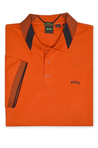 BOSS Hugo Mens Paule 99 Plaid Collar Pique Cotton Blend Jersey Polo Shirt (X-Large, Bright Orange/Black)
