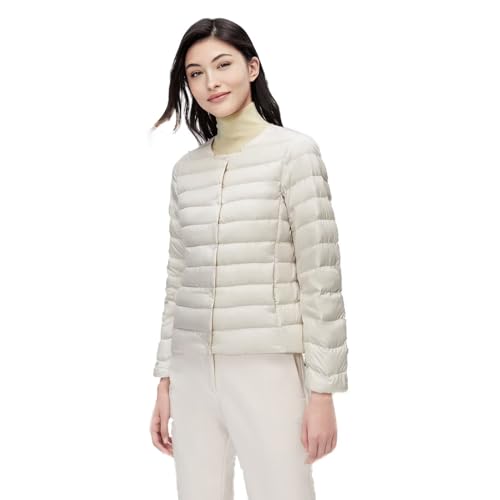 BOSIDENG Lightweight Women's Down Jacket, Water-Resistant Puffer Jacket Winter Coat with Round Neck&V-neck(Off White,L)