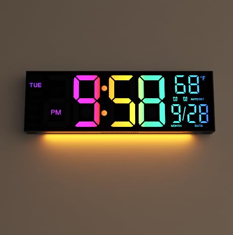 Digital Wall Clock Large Display, 16.2' Digital Wall Clock with RGB Color Changing Remote Control, Automatic Brightness Dimmer with Night Lights, Auto DST, Date Week,Temperature
