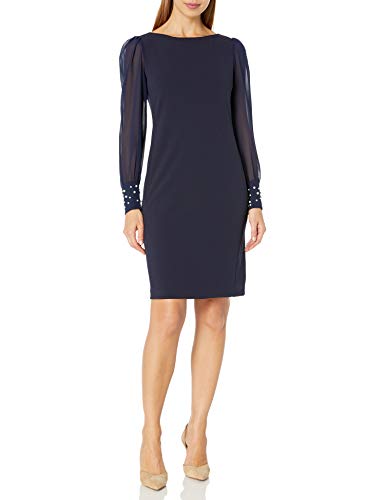 Karl Lagerfeld Paris womens Solid Sheer Sleeve Sheath Dress, Navy, 10 US