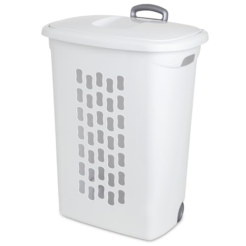 Sterilite Ultra Wheeled Laundry Hamper with Lid, Handle and Wheels for Easy Rolling of Clothes to and from The Laundry Room, Plastic, White, 1-Pack