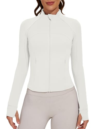 LOMON Women's Athletic Jackets with Pockets for Gym Zip Up Yoga Jacket Cropped Workout Tops Jacket with Thumb Holes White S