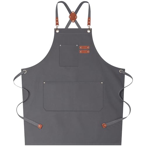 AFUN Chef Aprons for Women Men with Large Pockets, Cotton Canvas Cross Back Water Repellent Work Apron, Size M to XXL (Grey)