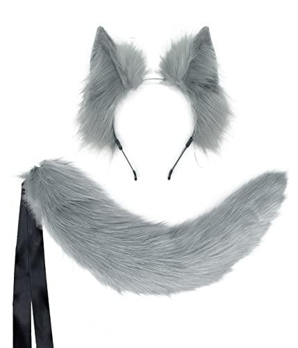Agymo Oversize Grey Wolf Ears and Tail Sets, Furry Ears Headbands,Halloween for Women Men Teen Girls
