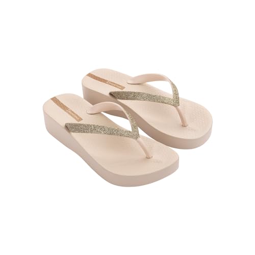 Ipanema Women's Mesh Chic Platform Flip Flops - Comfortable and Trendy Summer Platform Sandals with Glittery Straps, Anatomic Footbed & Non-Slip Sole, Beige/Glitter, 8