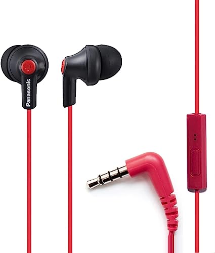 Panasonic ErgoFit Wired Earbuds, In-Ear Headphones with Microphone and Call Controller, Ergonomic Custom-Fit Earpieces (S/M/L), 3.5mm Jack for Phones and Laptops - RP-TCM125-KB (Matte Black/Red)