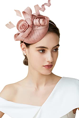 BABEYOND Fascinator Hat for Women Tea Party Kentucky Fascinator Hat Derby Pillbox Hat Peacock Feather Fascinator (Nude Pink)