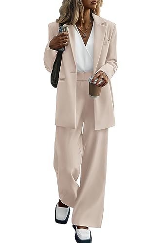 PRETTYGARDEN Women's 2024 Fall Two Piece Outfits Blazer Jacket and Wide Leg Pants Pockets Business Casual Suit Sets (Beige,Medium)