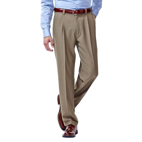 Haggar mens Eclo Stria Expandable-waist Pleat-front dress pants, Khaki, 38W x 32L US