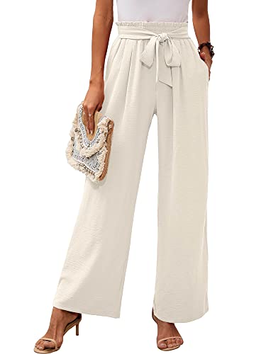 Heymoments Women's Wide Leg Lounge Pants with Pockets Ivory Medium Lightweight High Waisted Adjustable Tie Knot Loose Comfy Casual Trousers