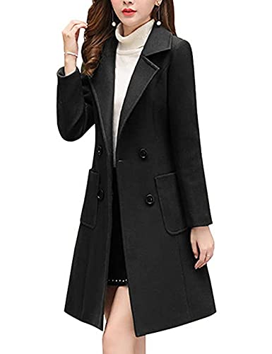 Bankeng Women Winter Wool Blend Camel Mid-Long Coat Notch Double-Breasted Lapel Jacket Outwear (X-Large, Black)