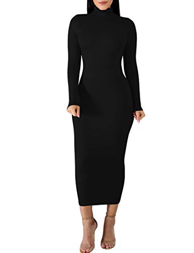 BORIFLORS Women's Sexy Basic Long Sleeve Turtleneck Bodycon Party Long Pencil Dress,X-Large,Black