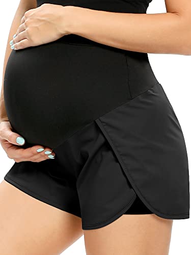AMPOSH Women's Maternity Quick-Dry Workout Shorts Athletic Running Yoga Shorts with Pocket(Black, M)