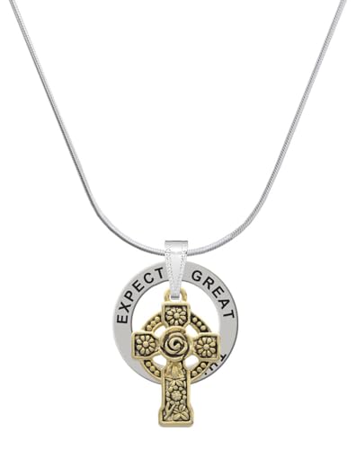 Delight Jewelry Goldtone Large Celtic Cross - Expect Great Things Ring Charm Necklace, 18'
