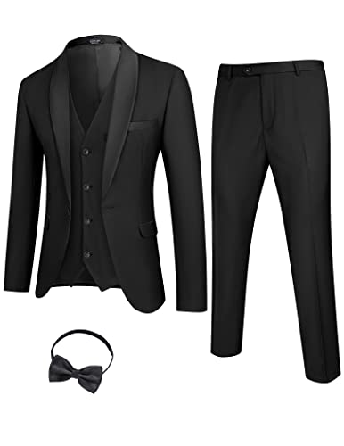 COOFANDY Mens Suits for Wedding Prom Party Dance Business Fromal Blazer Vest Trousers Tie Black M