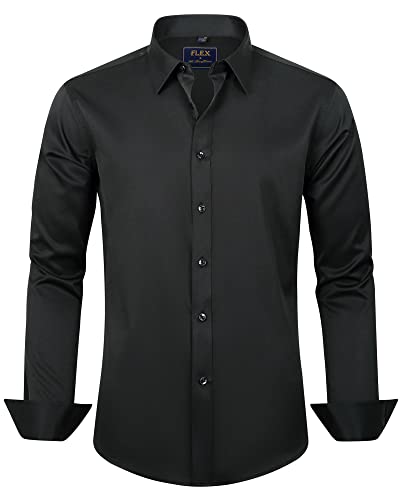 J.VER Men's Dress Shirts Solid Long Sleeve Stretch Wrinkle-Free Shirt Regular Fit Casual Button Down Shirts Black Large