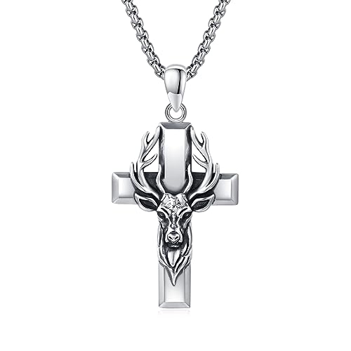 YEESIA Cross Necklace for Men S925 Sterling Silver Deer Necklaces Elk Animal Pendant Religious Jewelry Gifts for Boys Women Girls