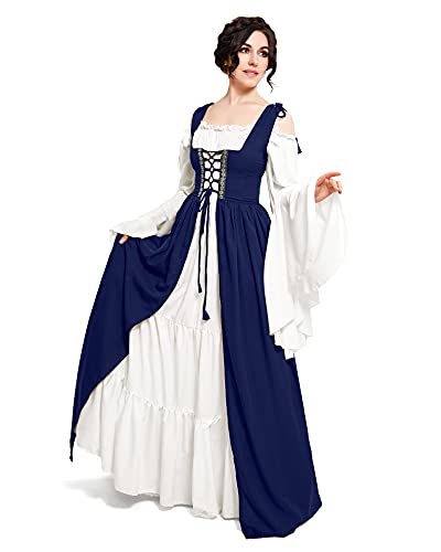 Mythic Renaissance Medieval Irish Costume Over Dress & Cream Chemise Set (1X-2X, Indigo)