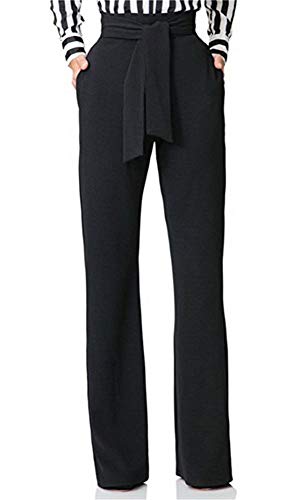 LKOUS Women Work Casual Stretchy Straight Wide Leg High Waisted Long Pants with Belt Black M