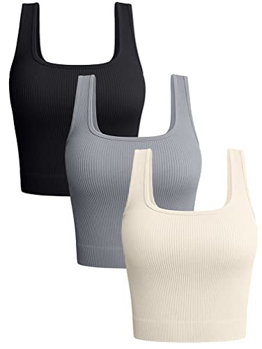 OQQ Women's 3 Piece Tank Tops Ribbed Seamless Workout Exercise Shirts Yoga Crop Tops Black Grey Beige