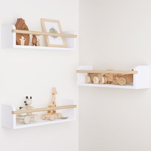 Decorative Nursery Bookshelves for Kids - Set of 3 Easy to Install Floating Shelves for Wall Mount - Beautiful Hanging Organizer Furniture for Your Baby Boy or Girl's Bedroom and Play Room Decor