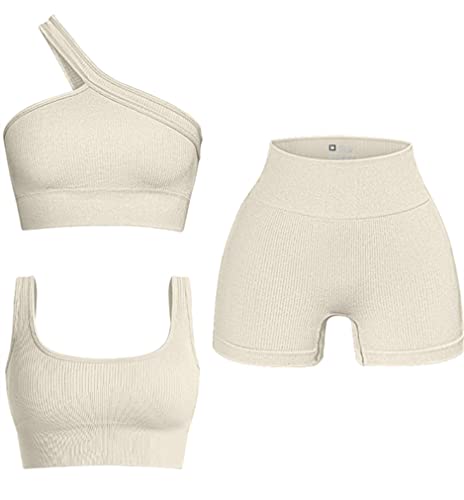 OQQ Women's 3 Piece Outfits Ribbed Seamless Exercise Scoop Neck Sports Bra One Shoulder Tops High Waist Shorts Active Set Beige