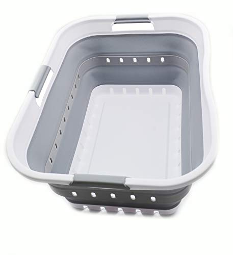 SAMMART 42L (11 gallon) Collapsible Plastic Laundry Basket - Foldable Pop Up Storage Container/Organizer - Space Saving Hamper/Basket (1, White/Grey)