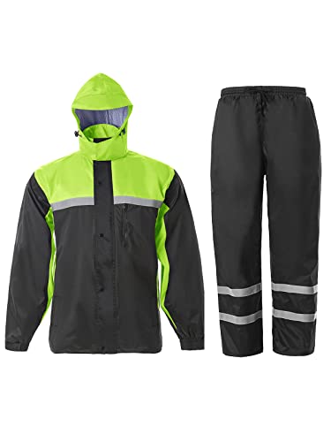 SaphiRose Men's Rain Suit High Visibility Reflective Work Rain Jacket Pants for All Sport Farm Fishing Motorcycle (Black/Green,X-Large)