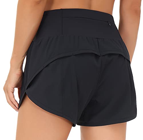 THE GYM PEOPLE Womens High Waisted Running Shorts Quick Dry Athletic Workout Shorts with Mesh Liner Zipper Pockets (Black, Small)