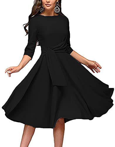 FENJAR Womens Elegance Audrey Hepburn Style Ruched 3/4 Sleeve Midi A-line Dress Black