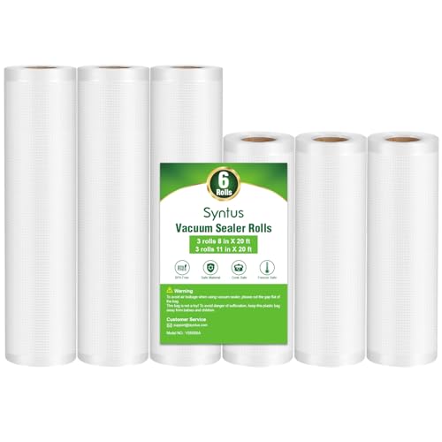 Syntus Vacuum Sealer Bags, 6 Pack 3 Rolls 11' x 20' and 3 Rolls 8' x 20' Commercial Grade BPA Free Bag Rolls, Food Vac Bags for Storage, Meal Prep or Sous Vide