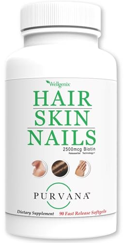 Wellgenix Purvana Hair, Skin, and Nails - One a Day Softgel - 2500mcg Biotin, DMAE, MSM, Horsetail, Grape Seed Extract - Anti Aging, PCOS & Postpartum Hair Growth, Strong Nails (90 Count)