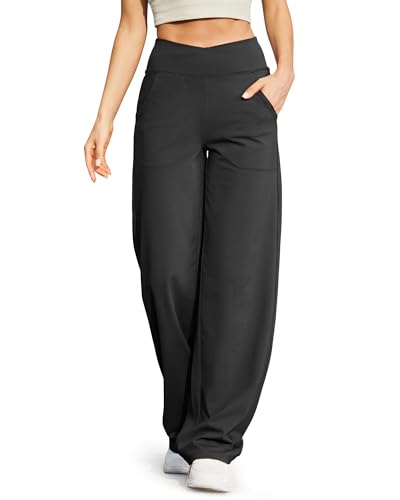 G4Free Wide Leg Dress Pants for Tall Women Flare Yoga Pants with Pockets Comfy Stretchy Lounge Casual Long Pants(Black,L,33')